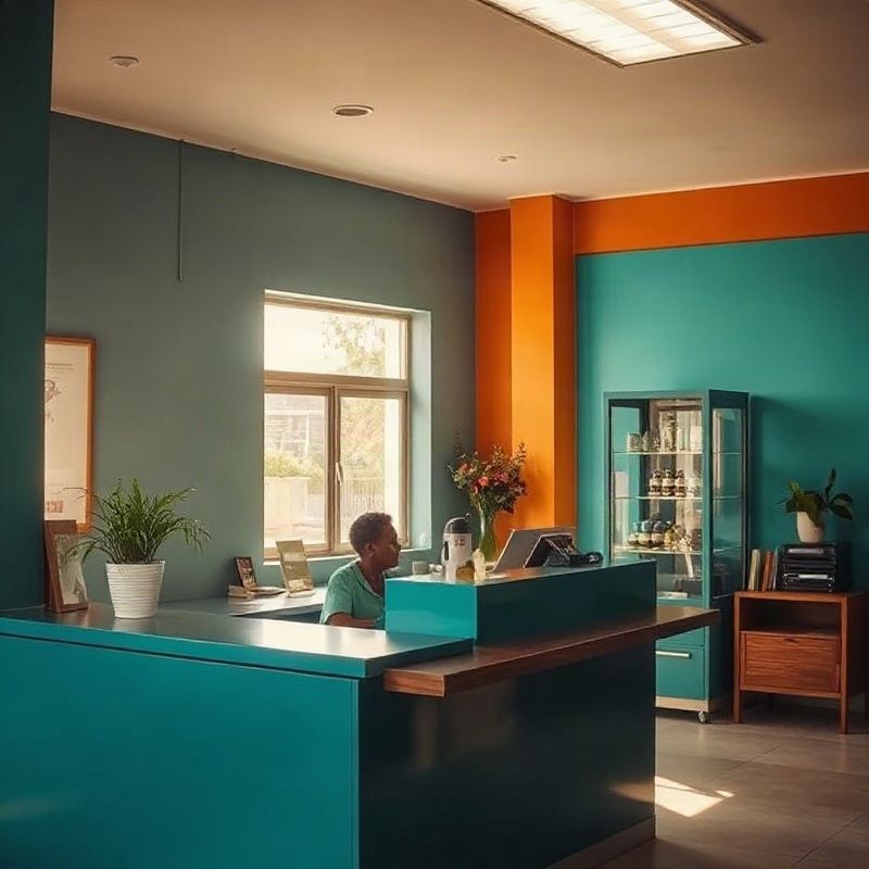 A clean, teal-modern service counter interior with natural light in Mombasa