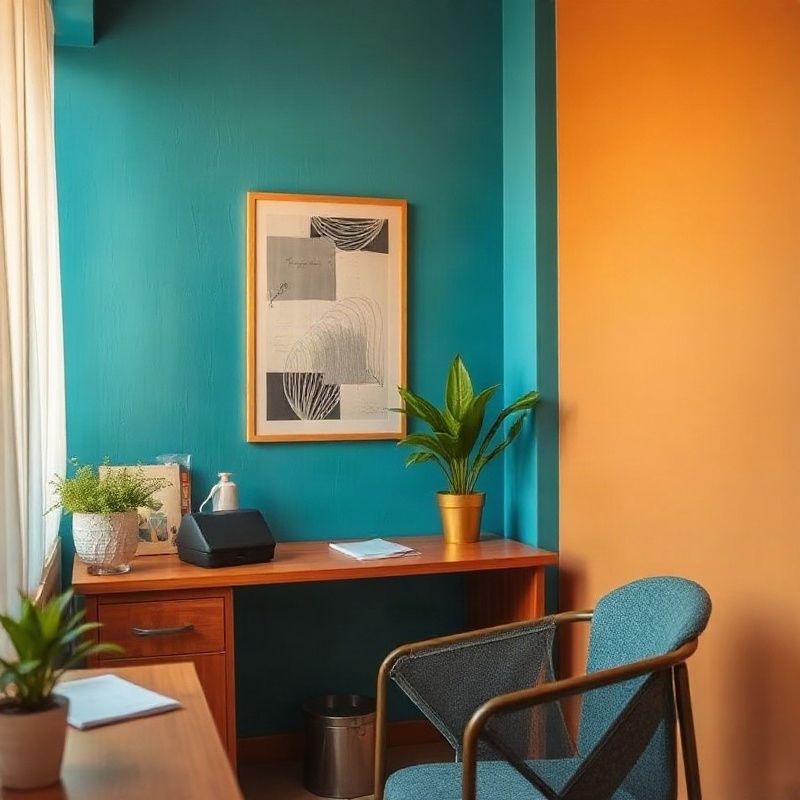 A calm, teal-modern interior with a clean desk and handwritten notes in warm natural light