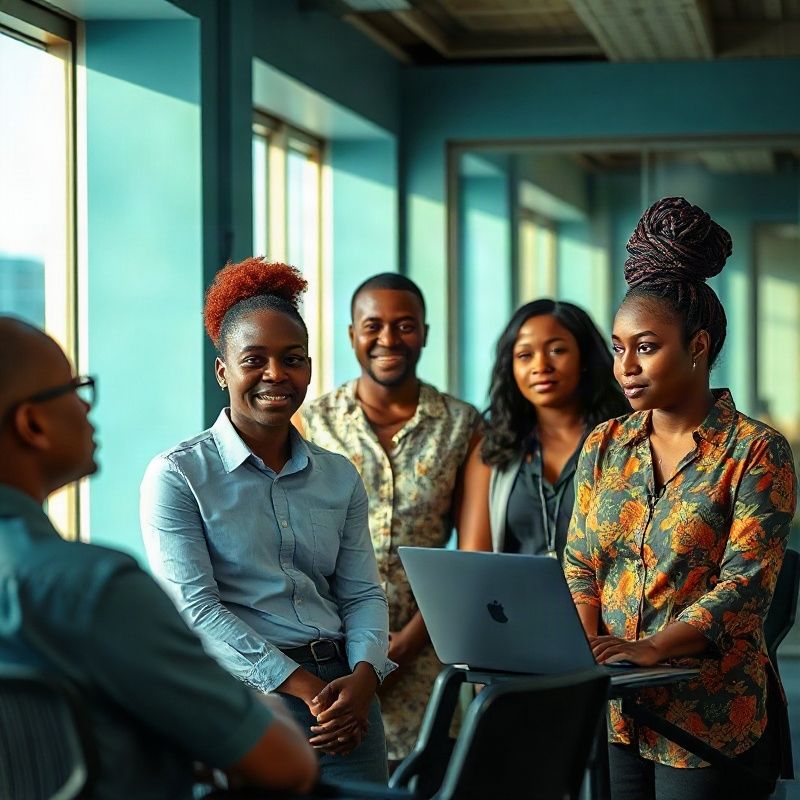 The Willowharborq team of four in a bright teal-modern office interior in Mombasa